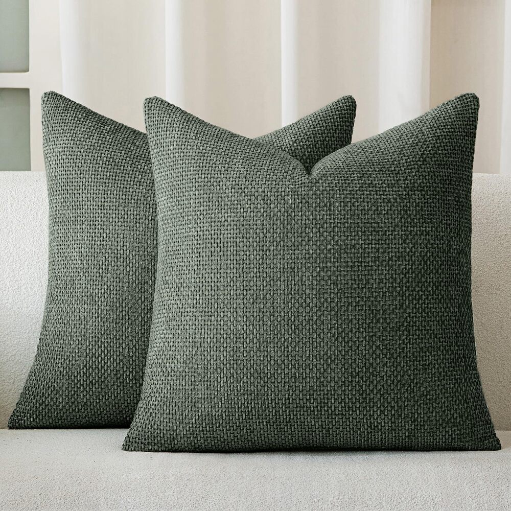 6283 Dark Green Chenille Throw Pillow Covers 22x22 Inch Pack of 2 Modern